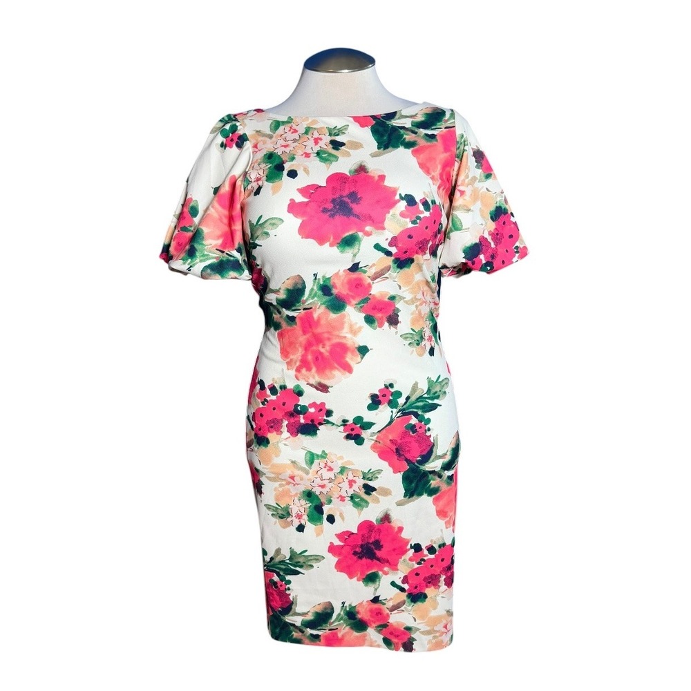 Eliza J Pink Floral Boat Neck Puff Sleeve Sheath Dress EJ2M0025 White Size 8